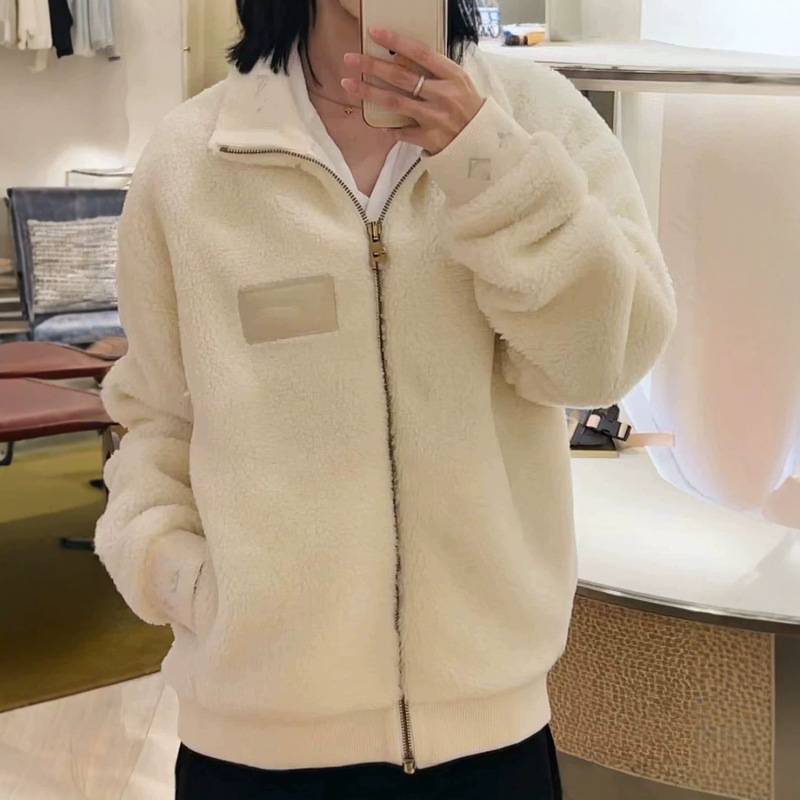 European stock 2026 autumn/winter letter jacquard cuff lamb wool jacket for men and women, zip-up teddy fleece jacket
