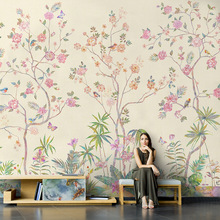 北欧手绘复古花鸟花卉壁纸客厅电视背景墙纸卧室墙布无缝壁画