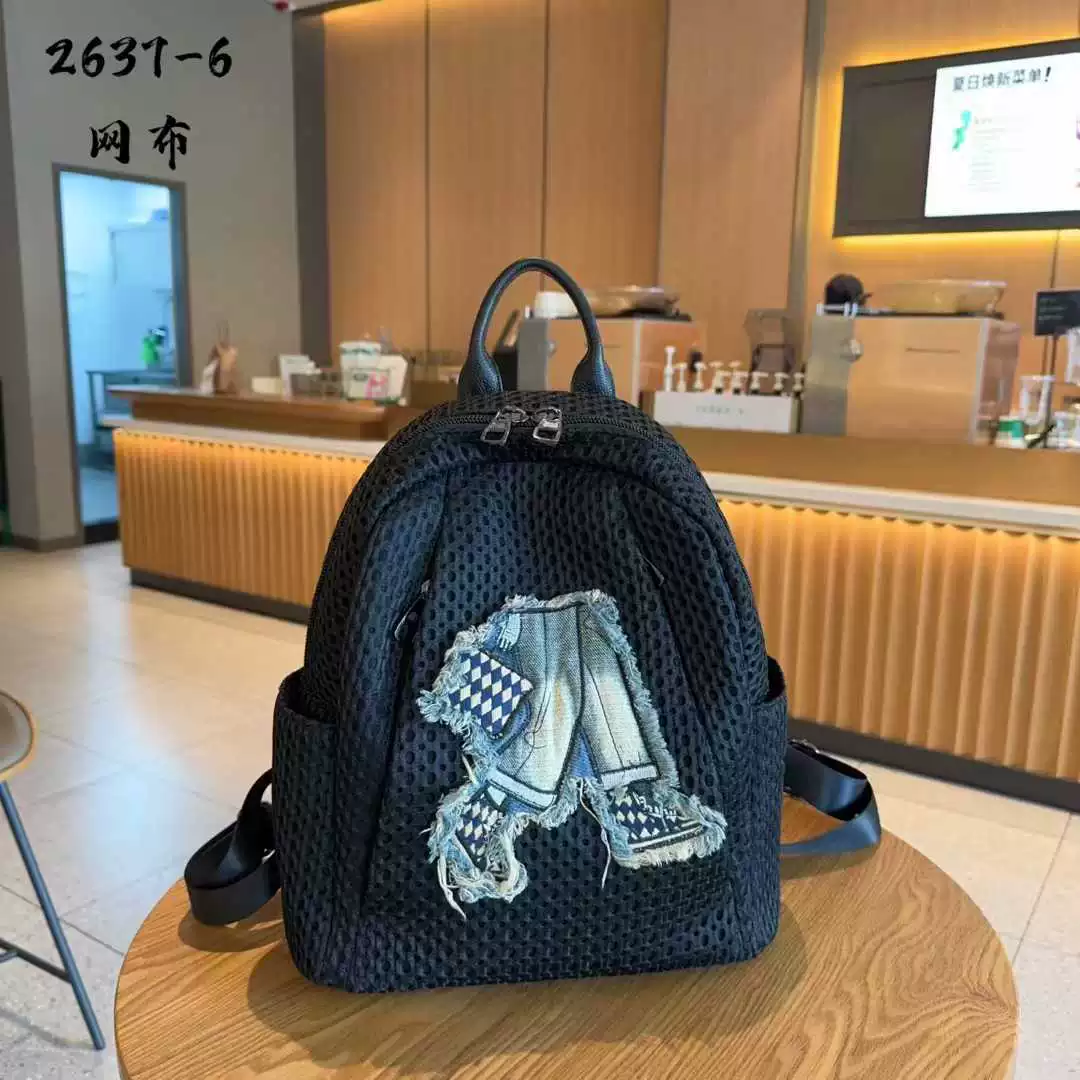 Denim capacious backpack, patch for leisure, one-shoulder bag, bag strap, new collection