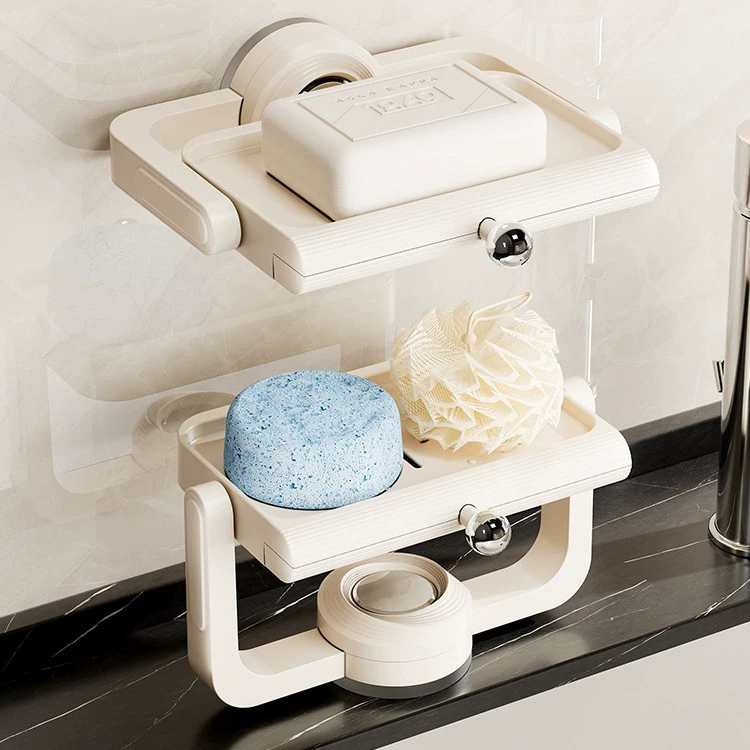 Soap holder wall shelf, rotating suction cup drying rack, cream, multi-size storage