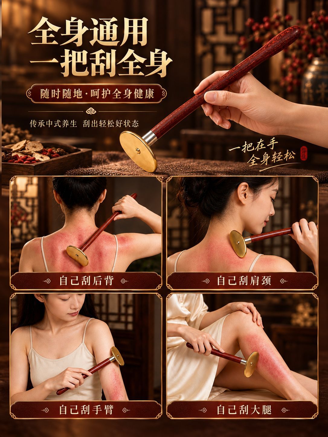 Tabla de Masaje Gua Sha Tai Chi de Latón con Mango Largo para Espalda y Cuerpo