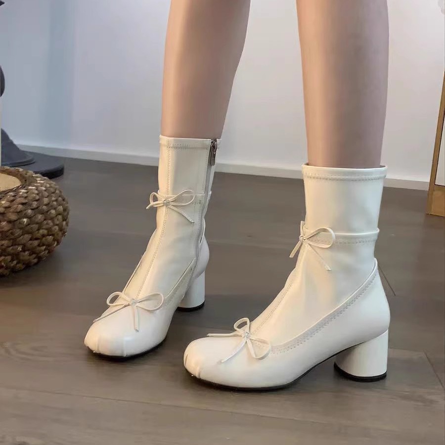 现货版圆头小众设计法式芭蕾增高蝴蝶结瘦瘦靴女粗跟侧拉链小短靴