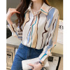 Real shot 2022 striped stitching fashion geometric geometric abstraction printed retro commute simple temperament long -sleeved female shirt