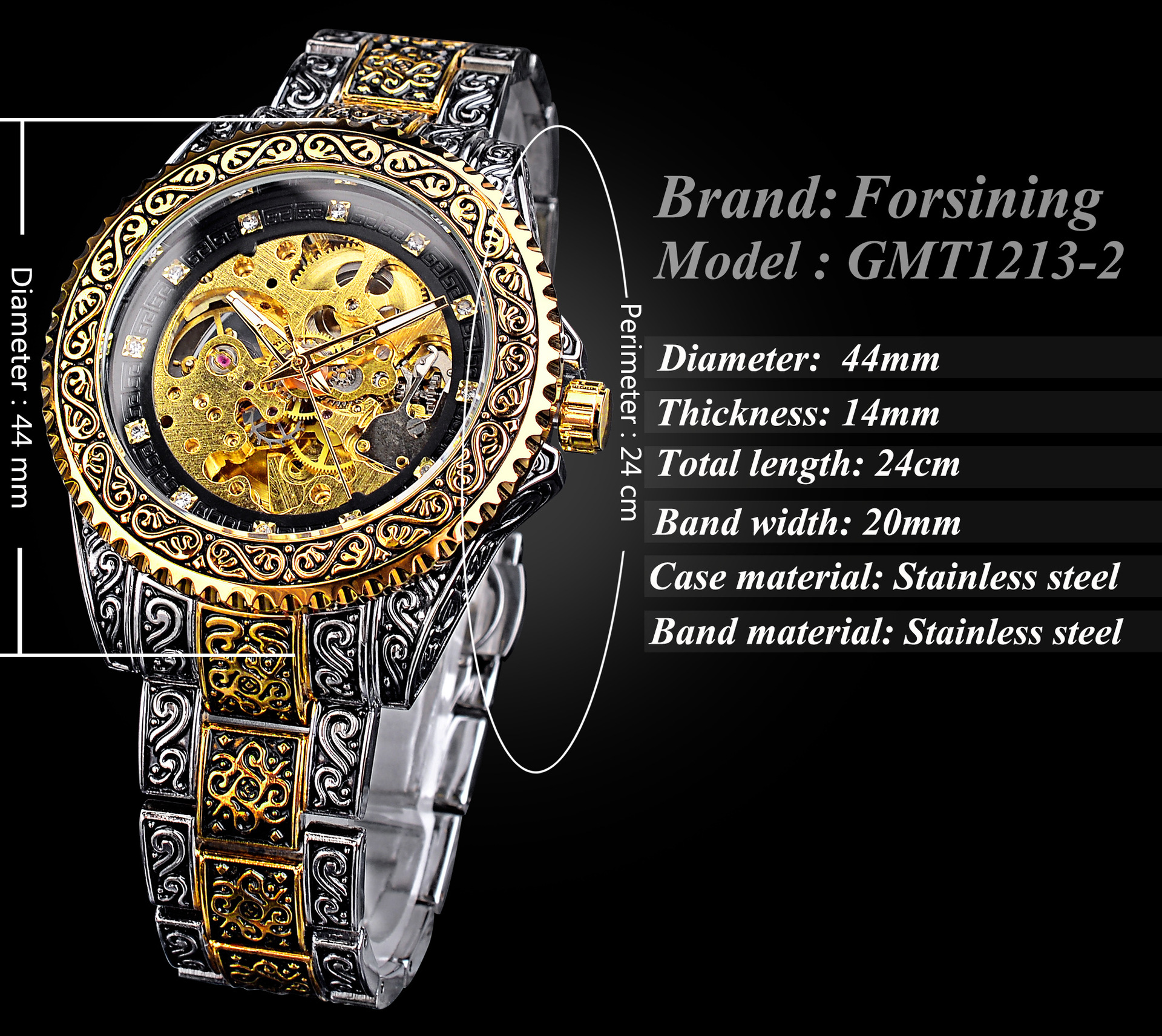 Reloj mecánico Forsining totalmente automático, reloj de hombre de oro tallado, modelo de hebilla de mariposa resistente al agua_voghion.com