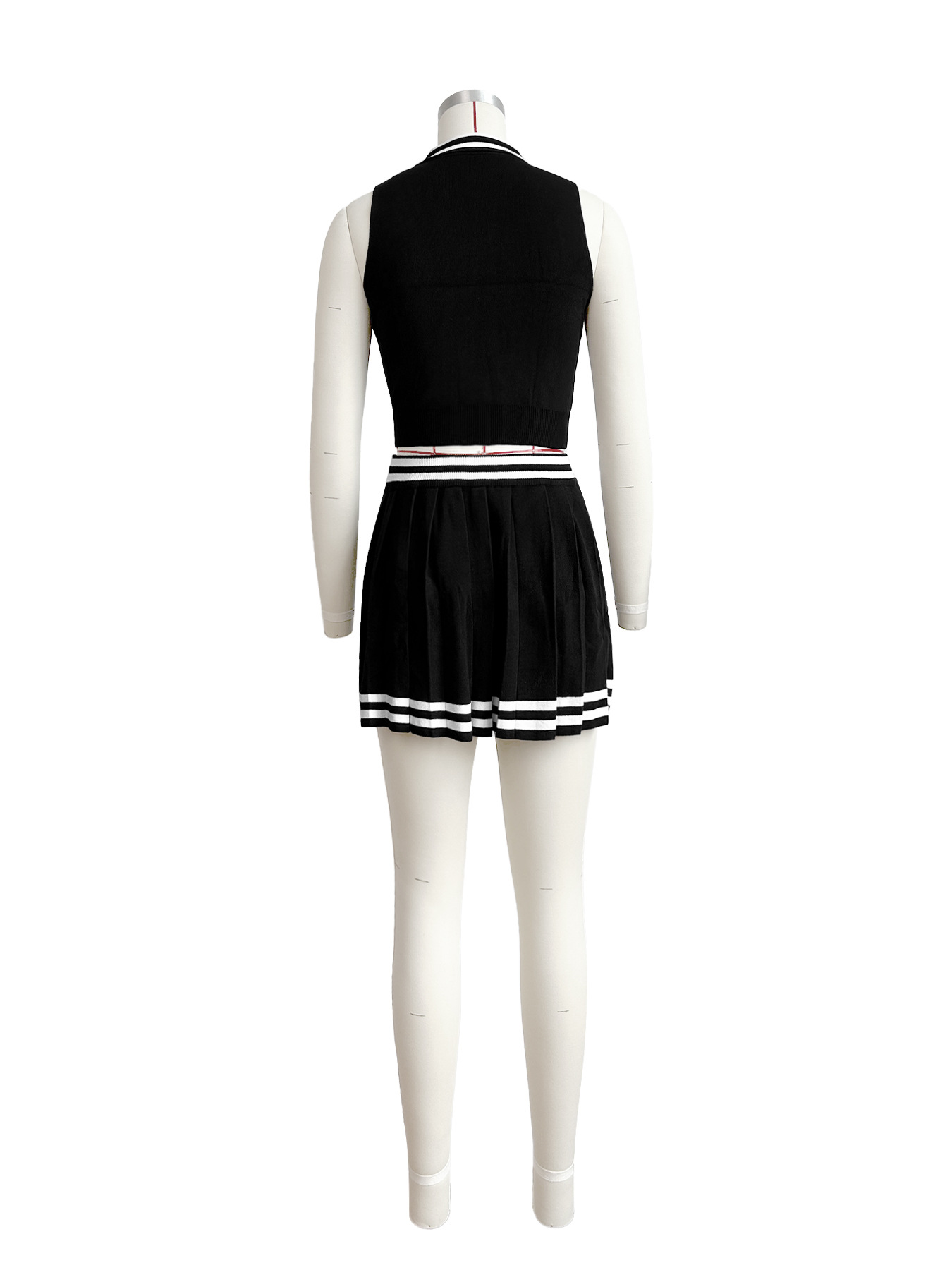 Women Clothing Woolen Collared Breasted Striped Tight Pleated Skirt Set