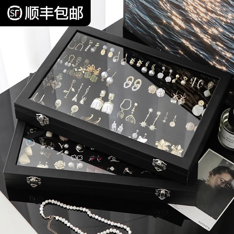 Large Black Glass Jewelry Display Storage Box Earrings Plaid Bracelet Pendant Necklace Ring Box
