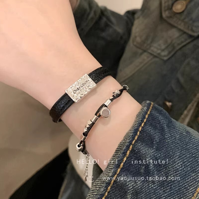 Black Leather Bracelet Wristband for Women, 2026 New Model, Light Luxury, High-End, Niche, Exquisite Beaded Bracelet for Men