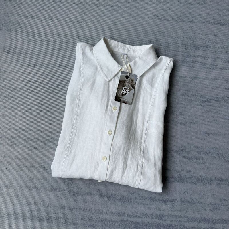 Natural 100% Linen Designer Cut! Lightweight, Loose-Fitting, Slimming Five-Quarter Sleeve Shirt with Multiple Buttons and a Turn-Down Collar for Women, New for Summer