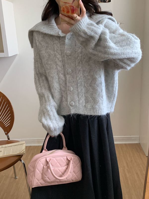 麻花高领毛衣外套女秋冬季新款加厚软糯美拉德慵懒风短款针织开衫|undefined