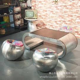 个性铝皮铆钉皮艺拱形茶几LOFT工业风复古咖啡厅会所客厅酒吧茶几