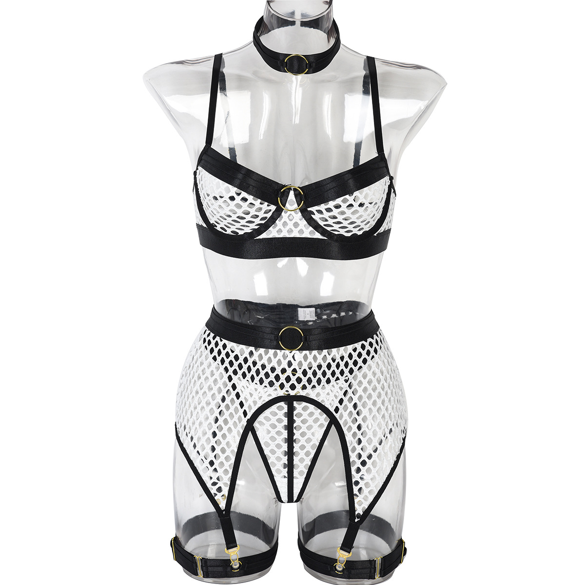 Europa y América lencería sexy cuatro piezas AliExpress popular malla grande costura con anillo de acero Halter ropa interior clásica 3300