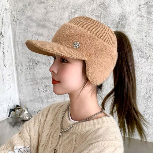 Beanie women's autumn and winter open-top thick ear protection warm duck billed hat Korean style versatile outdoor cold-proof knitted wool hat trendy