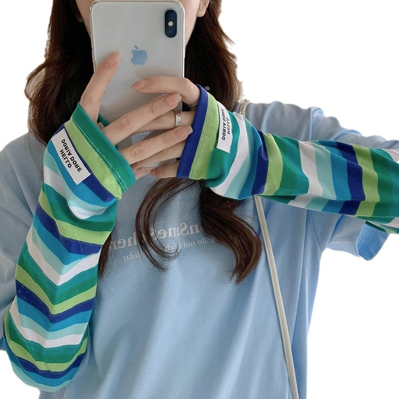 Sun Protection Striped Sleeves, Pure Cotton, Breathable, Loose-Fitting Long Gloves, Driving and Cycling Sunshade, Mosquito Protection Sleeves, Ice Sleeves