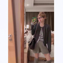 KANING灰色假两件圆领纽扣针织开衫女2025秋季新款女装韩版毛衣潮