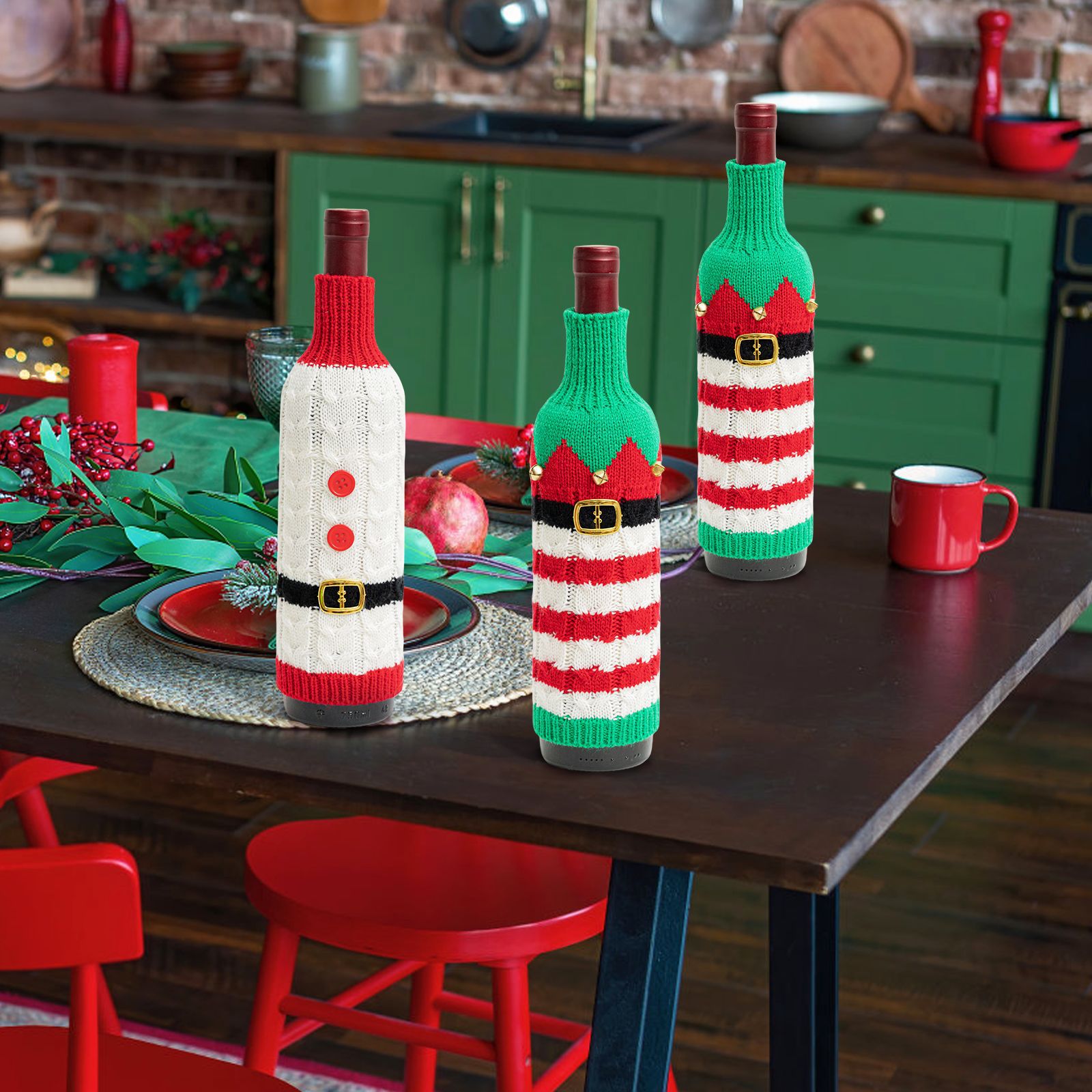 Navidad transfronteriza de punto botella de vino conjunto de decoración campana cinturón de vino conjunto de decoración de fiesta fiesta atmósfera de vacaciones