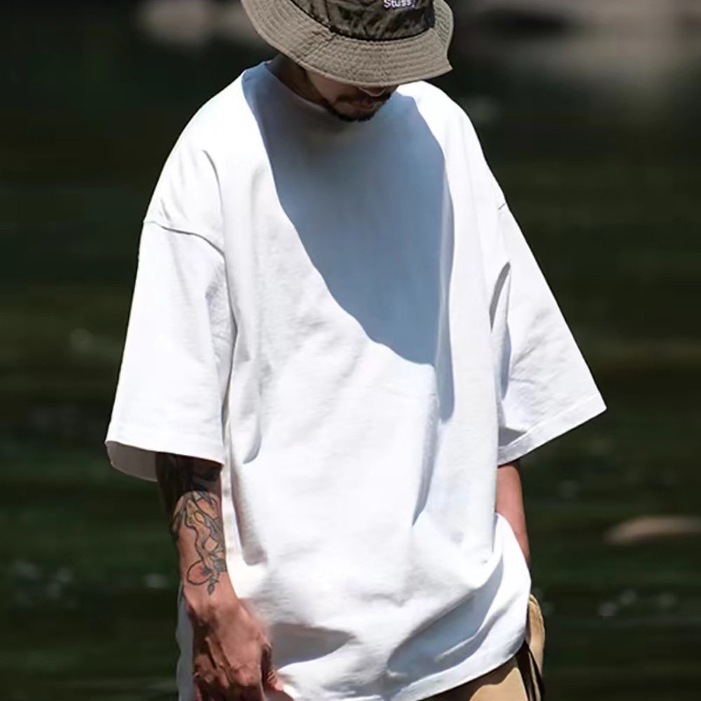 330g pesado hombro americano camiseta de manga corta de hombre luz cuello pequeño cuello redondo algodón suelto hip-hop chaqueta de moda