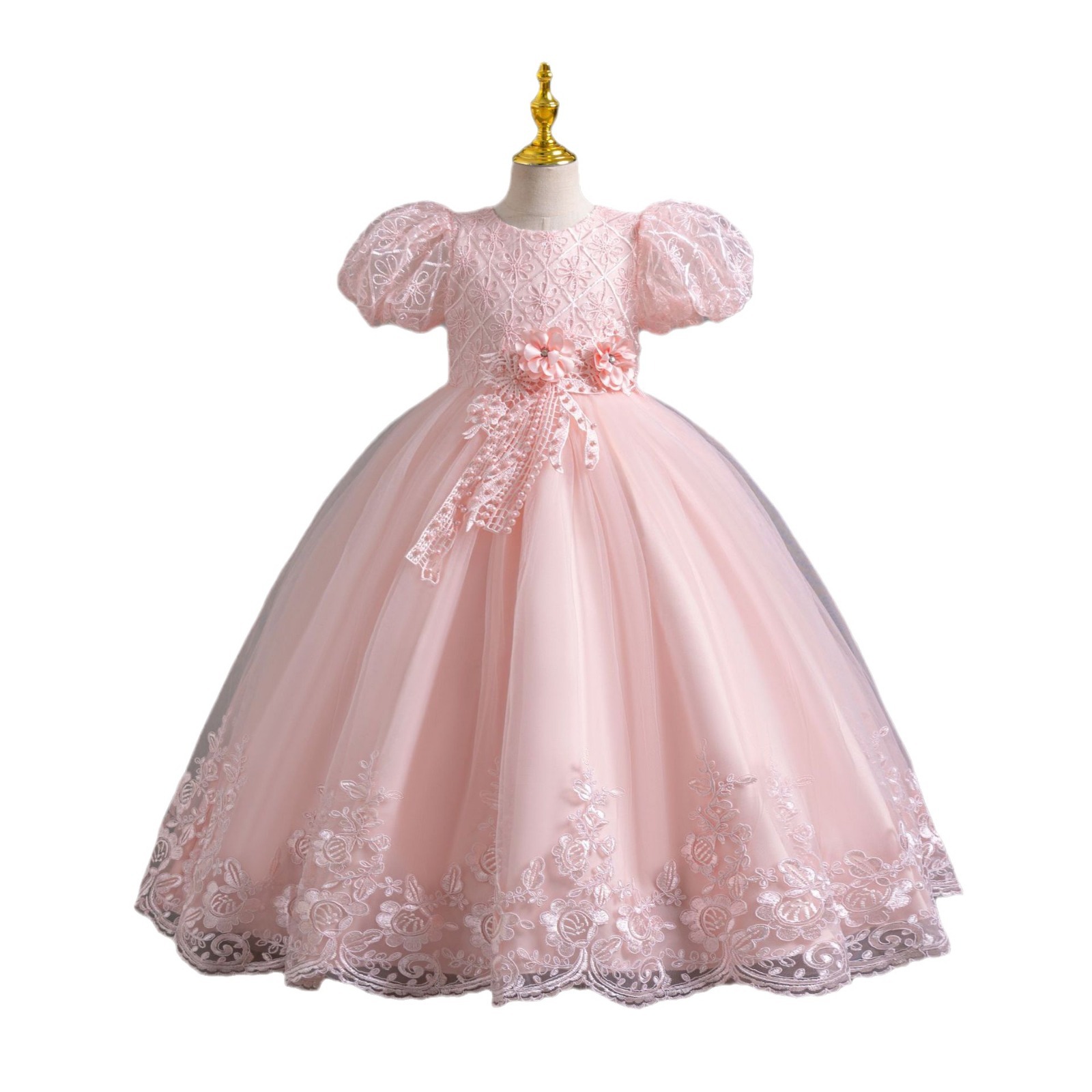 Comercio exterior al por mayor vestido largo vestido infantil burbuja manga encaje vestido de princesa vestido de niña vestido de fiesta vestido de niña