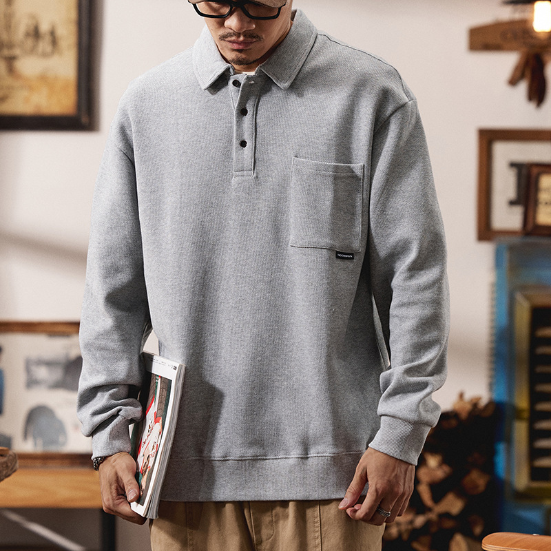 Polo Shirt (Heavyweight 320g) Sweatshirt Spring and Autum Trendy Brand Round Neck Men's Retro Black Light Gray Ready Stock