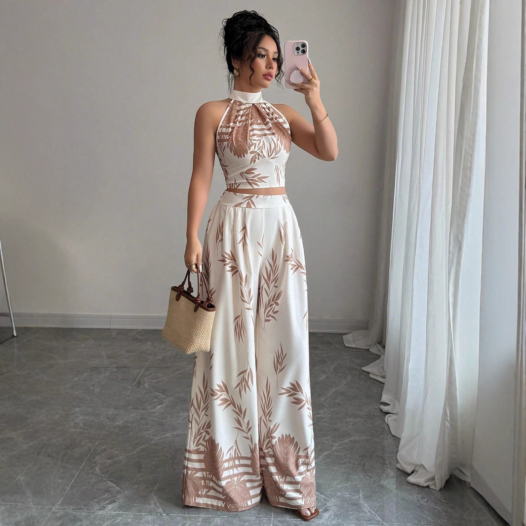 Elegant Off-Shoulder Top & Wide-Leg Pants Set – Floral Print, Breathable Polyester, Summer Vacation Outfit For Women (S/M/L/Xl)_ecoleips.com