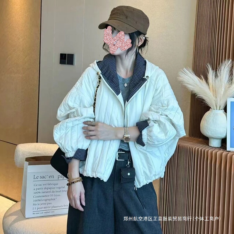 2025 Hooded Plaid Stitching Quilted Cotton Jacket Early Winter New Fashion Versatile Casual Women's Off-White