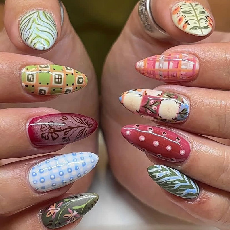 Y2K Sweet and Cool Color-Blocking Hand-Painted Long Almond-Shaped Retro Pastoral Nail Art Detachable Fake Nails Y2K Sweet and Cool Color-Blocking Hand-Painted Long Almond-Shaped Retro Pastoral Nail Art Detachable Fake Nails