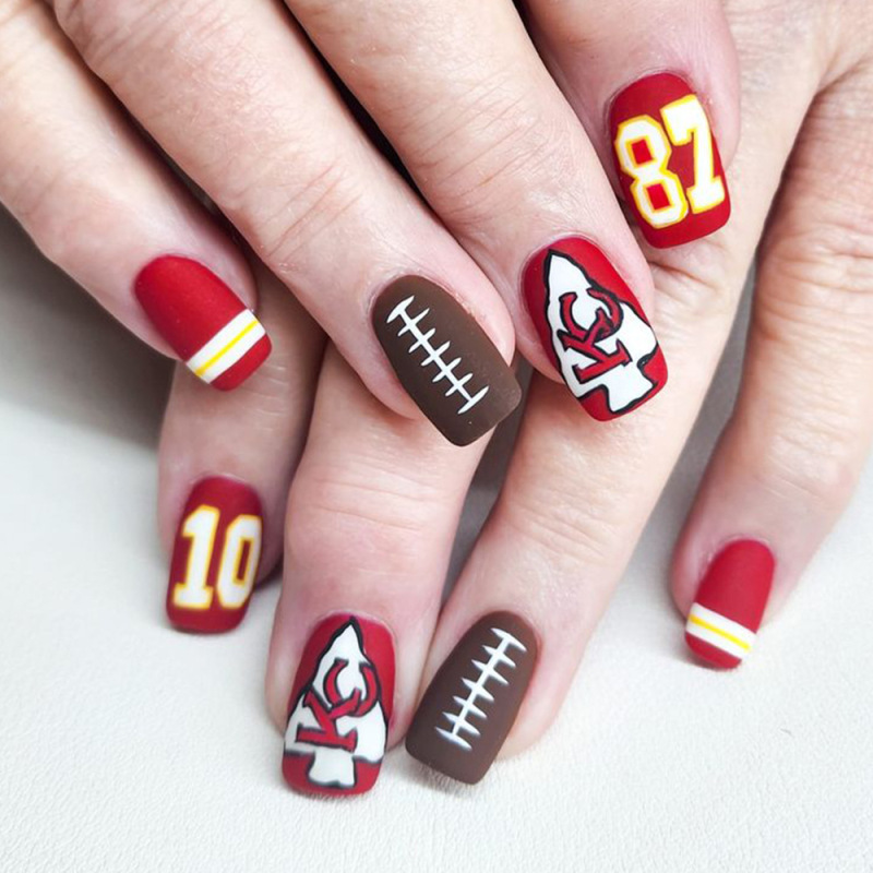 Frosted Balls Football Kansas City Chiefs Nail Patch Short Nail Art Removable 24 Pieces