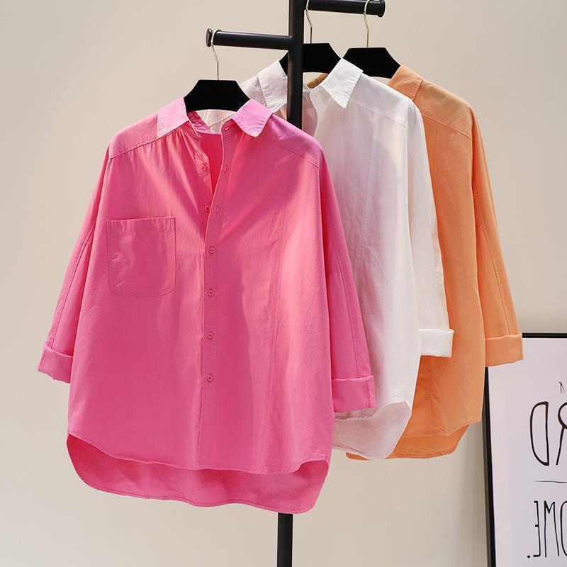 Cotton rose red long-sleeved shirt for women 2024 spring and summer new single pocket loose slimming casual top Cotton rose red long-sleeved shirt for women 2024 spring and summer new single pocket loose slimming casual top