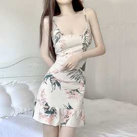 新款吊带睡裙女夏薄款性感仿真丝连衣裙睡衣女春秋冰丝大码家居服