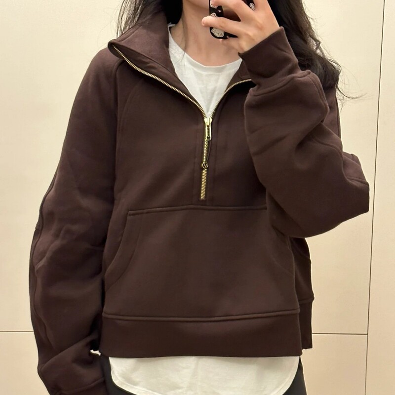 Lulu Original Embroidered Scuba Sweatshirt Stand Collar Half Zipper Loose Velvet Jacket Sports Fitness Top Long Sleeves