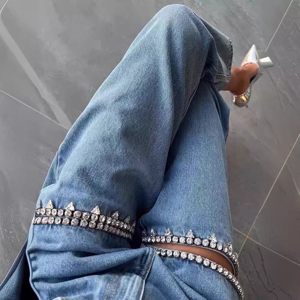 Damen High-waist Jeans Mit Strass Im Geraden Schnitt Modern_voghion.com