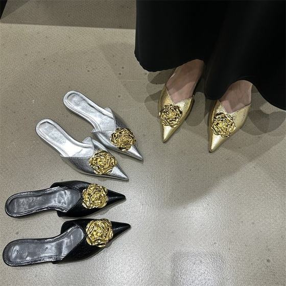 2024 Spring New Women's Shoes Fashion Style Metal Camellia Pointed Toe Stiletto Heel High Heel Baotou Half Slippers Women's Shoes