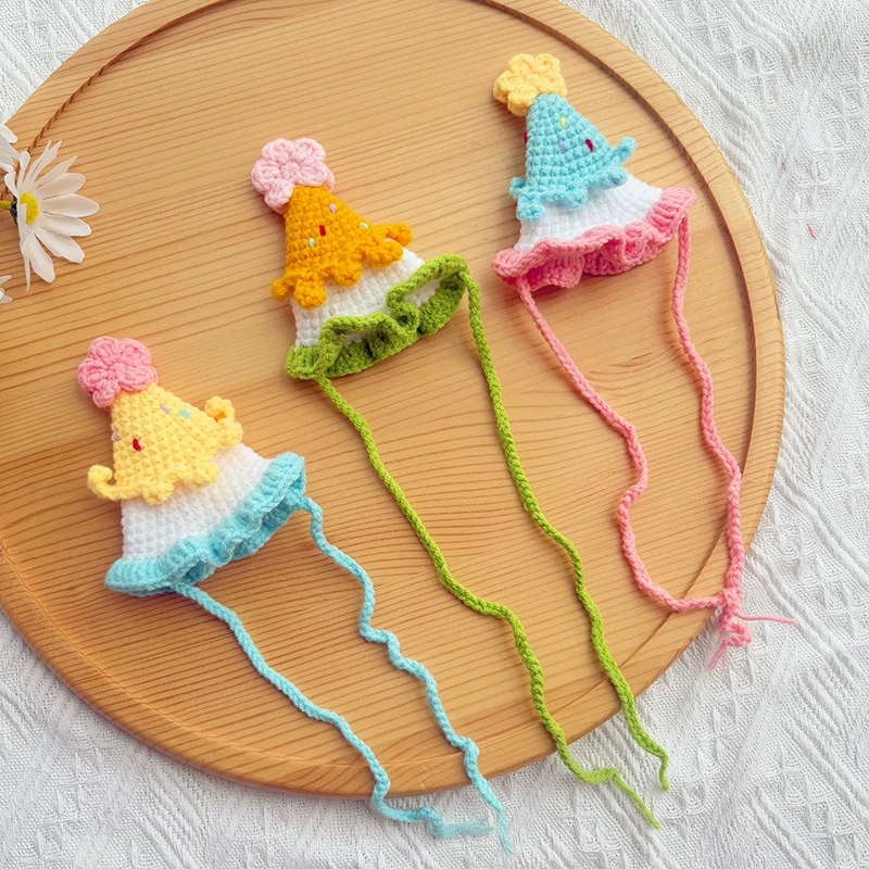 Шапка на день рождения для собаки, вязаная вручную шерстяная шапка с цветком для домашнего животного, забавная шапка с изображением кота, милая