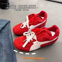 6cm内增高德训鞋女2025新款百搭平底复古阿甘鞋红色真皮休闲鞋子
