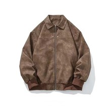 美式复古棕色皮衣外套男秋季潮牌高级感宽松麂皮绒夹克男生棒球服