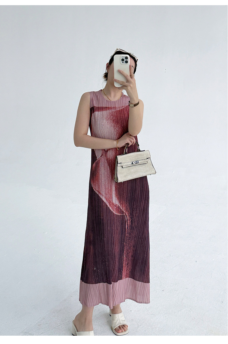Đầm maxi nữ in hoa cổ tròn không tay ôm sát — Màu nâu đỏ chi tiết 14
