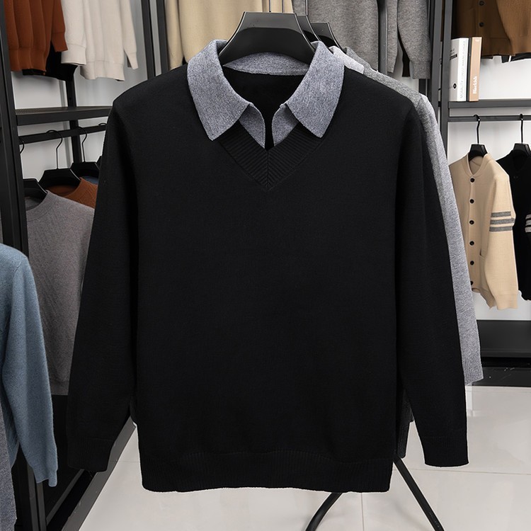 Falsa de dos piezas camisa de cuello hombre camiseta de punto otoño invierno nuevos productos de mediana edad negocios ocio suéter suelto chaqueta coreana