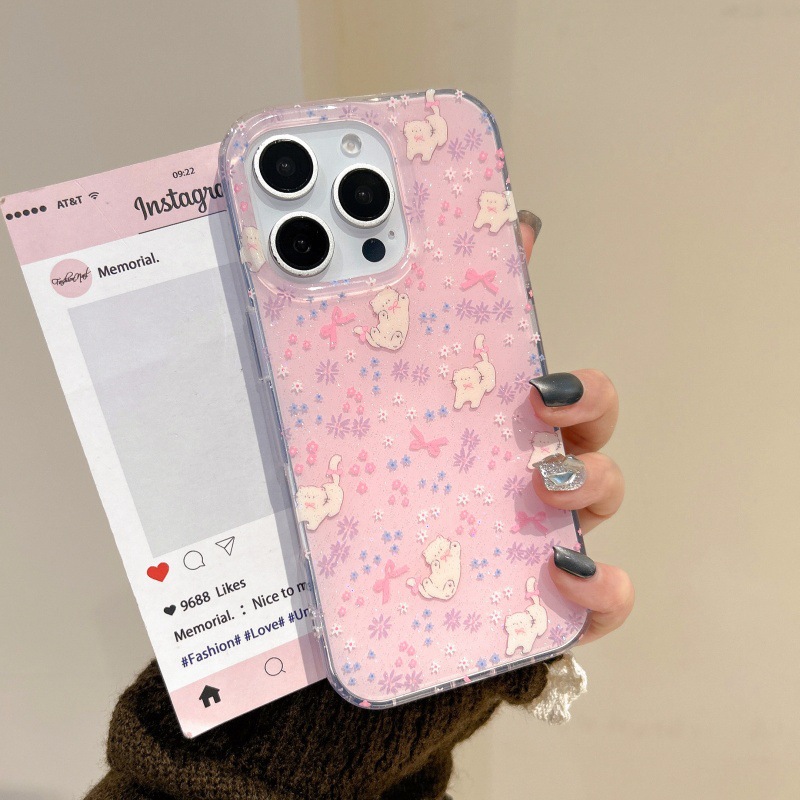 Divertido gato con lazo rosa de dibujos animados para Apple 16proMax funda para teléfono móvil 15Pro floral 14/13 mujer