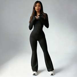 跨境爆款瑜伽服套装女秋冬运动跑步长袖修身运动上衣健身套装