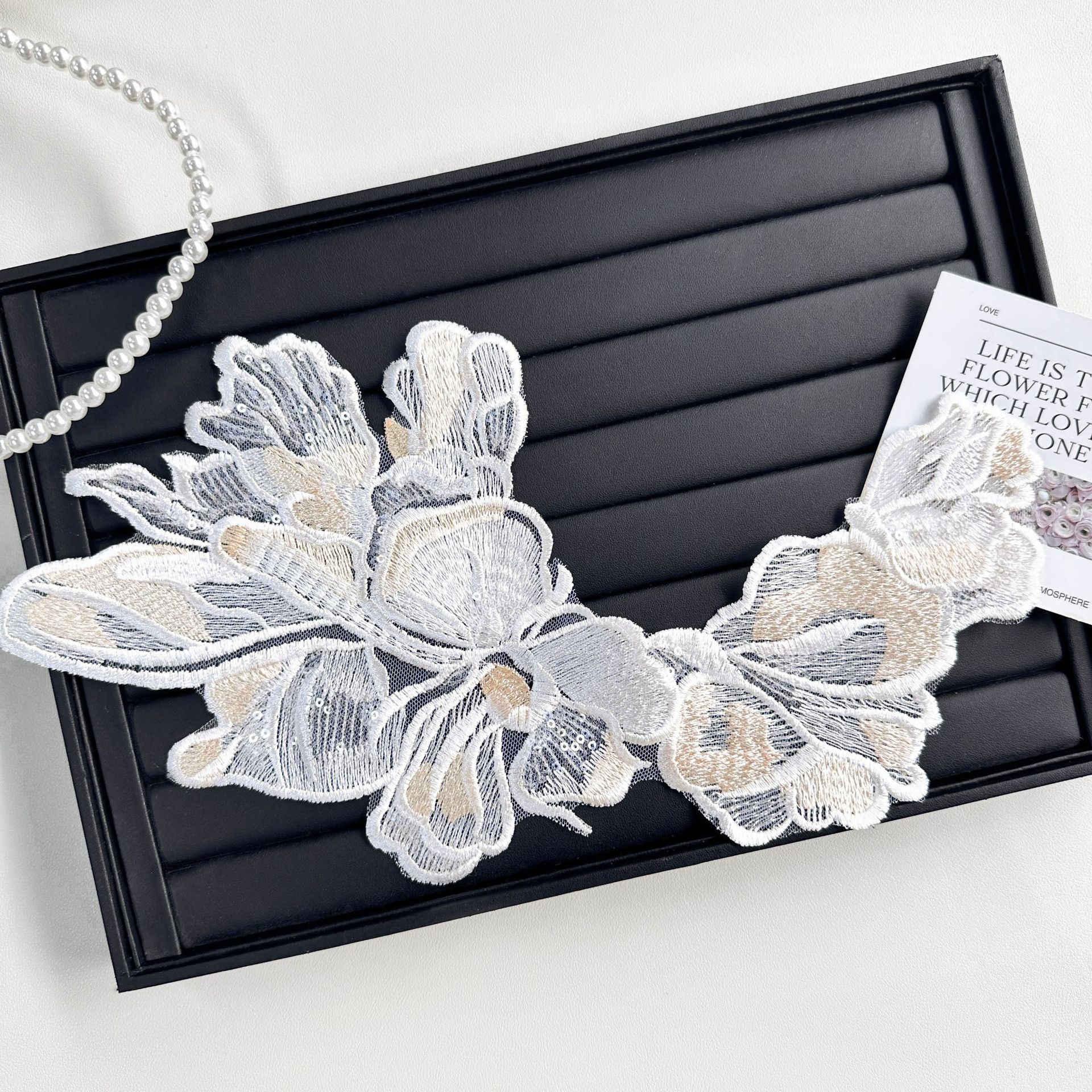 Tejido bordado encaje blanco hueco tela de encaje vestido cuello puño accesorios de decoración DIY tela hecha a mano