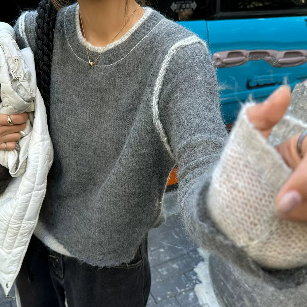 假两件灰色毛衣女马海毛圆领针织衫冬季设计感慵懒内搭美式短上衣