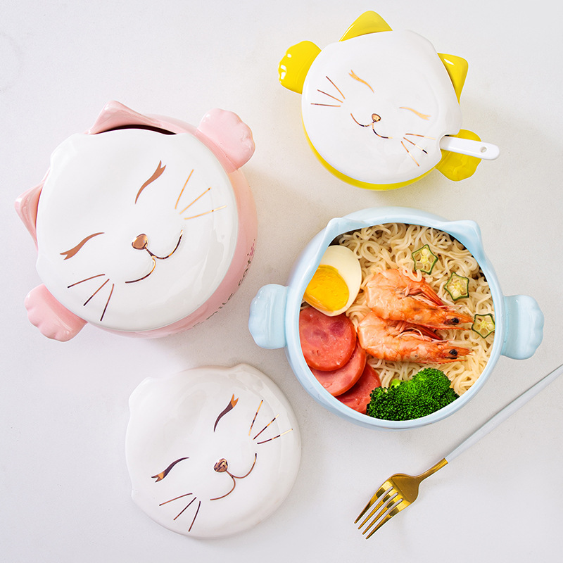 Estilo japonés gato simple tazón de fideos instantáneos vajilla tazón de arroz con tapa cuchara lindo tazón de sopa binaural de cerámica Esmalte de color para niños tazón