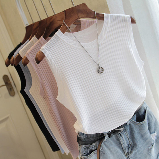 2024 spring and summer new women's wide shoulder strap round neck versatile thin sleeveless ice silk knitted vest women's top T-shirt