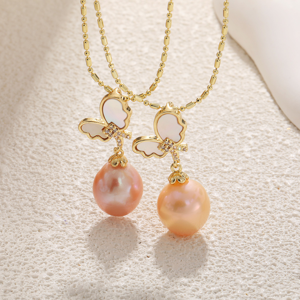 Women's Gender Freshwater Pearl Copper Water Droplets Butterfly Pendant Necklace