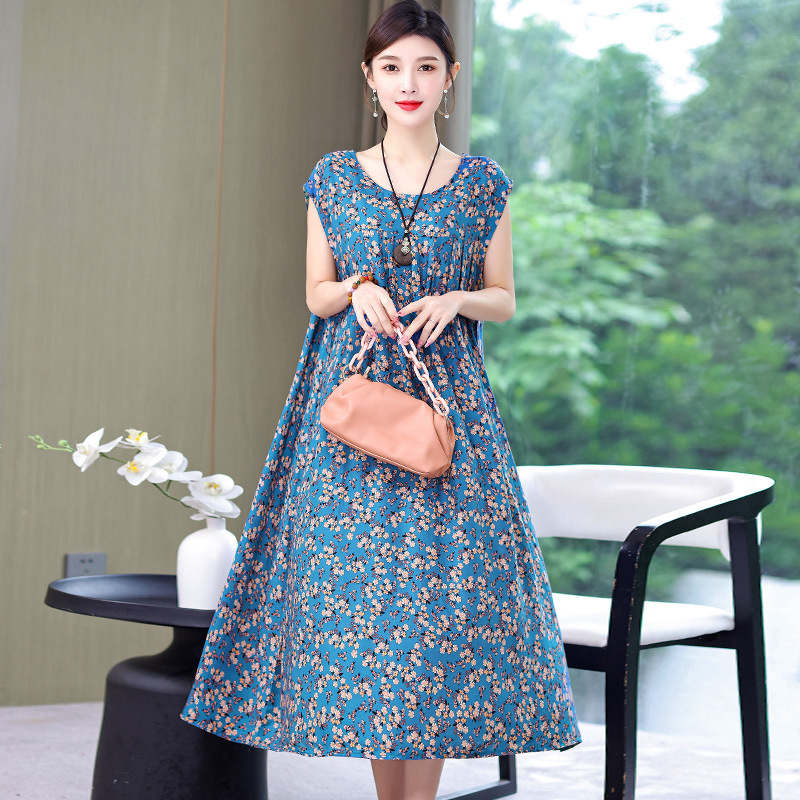 お母さんの綿のシルクのワンピースの半袖の中で老年の夏服の大きいサイズの婦人服は太ってゆったりしている人工綿のスカートの女性をプラスします。|undefined