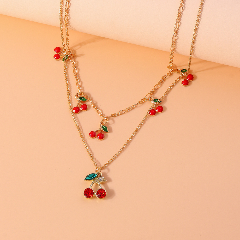 15g Weight Alloy Pendant Material Double Layer Necklaces Classification Alloy Chain Material 1 Piece Quantity Date, Tea Party Occasion Alloy Material Cherry Pattern Women's Gender Plating Design Sweet Style Sweet Cherry Alloy Wholesale Double Layer Necklaces 9