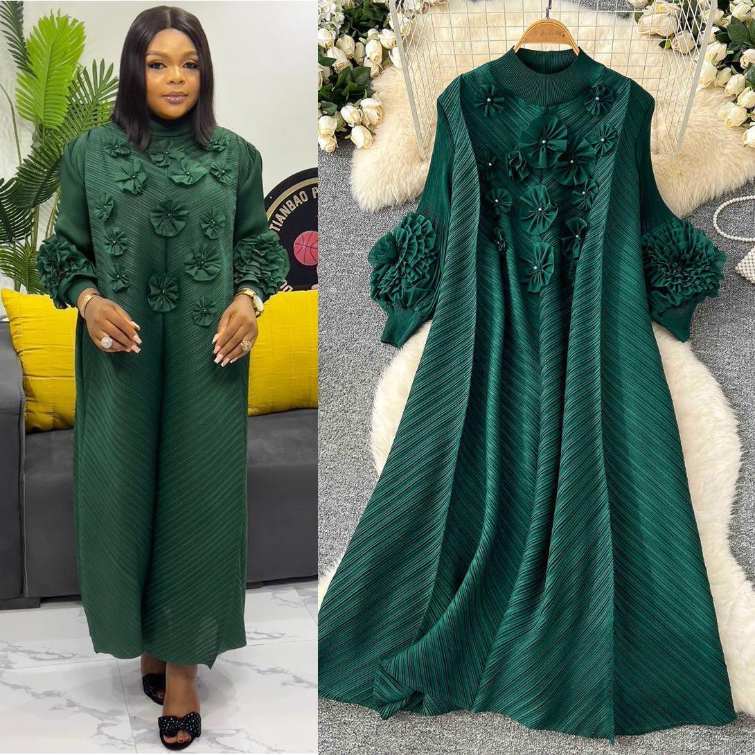 Elegant Women's Beaded 3D Floral Dress Pleated Puff Sleeves Slimming Long plus Size Stretchy Spring Style Cross Border_ecoleips.com