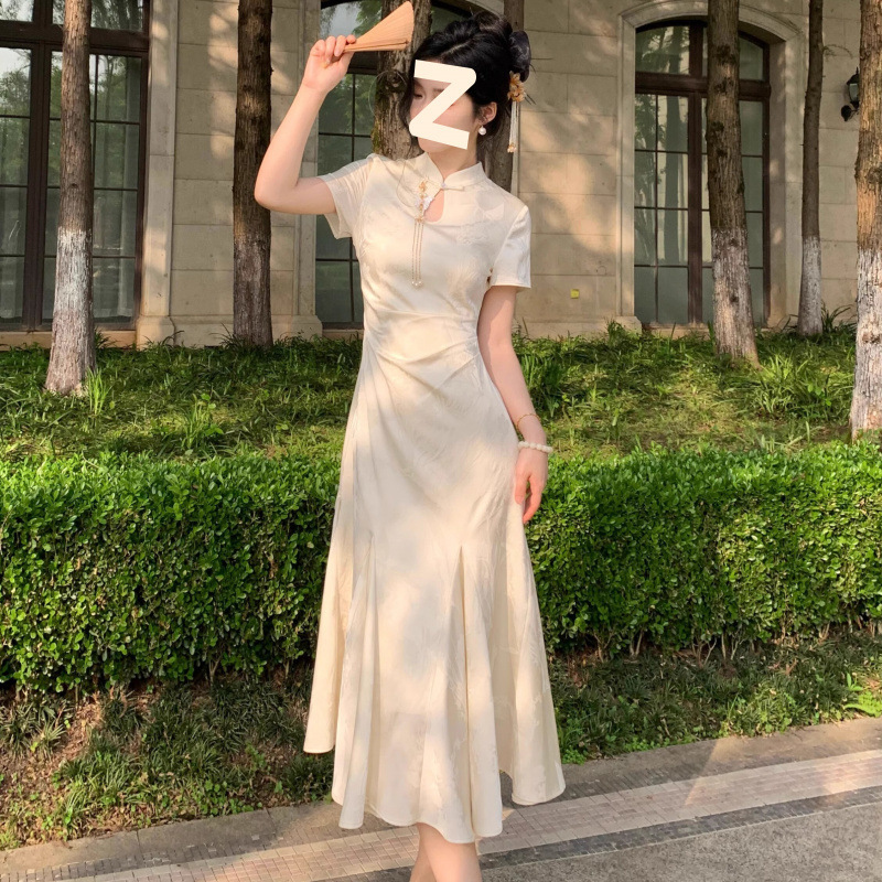 2025 新月花影新中国風のロングスカート夏ジャカードチャイナフィッシュテールスカート中国風のドレス女性|undefined