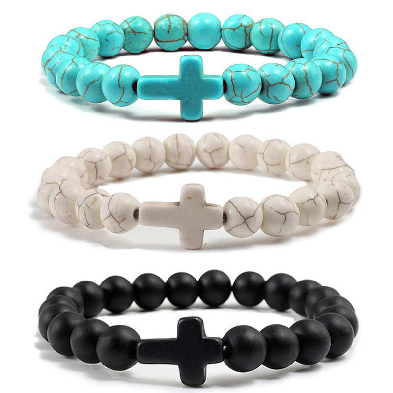 Cross-Border Black Jewelry Turquoise Bracelet Cross Bracelet Frosted Volcanic Stone Bracelet Elastic Yoga Bracelet in Stock Cross-Border Black Jewelry Turquoise Bracelet Cross Bracelet Frosted Volcanic Stone Bracelet Elastic Yoga Bracelet in Stock