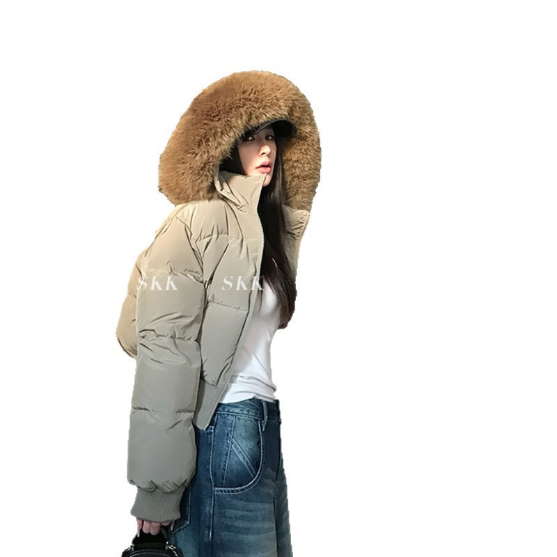 芬兰雪境 冬季毛领连帽收腰加厚短款羽绒棉服女|undefined