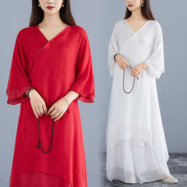 新款 2025禅舞服装女套装中国风禅意仙女连衣裙茶服禅服2件套红色